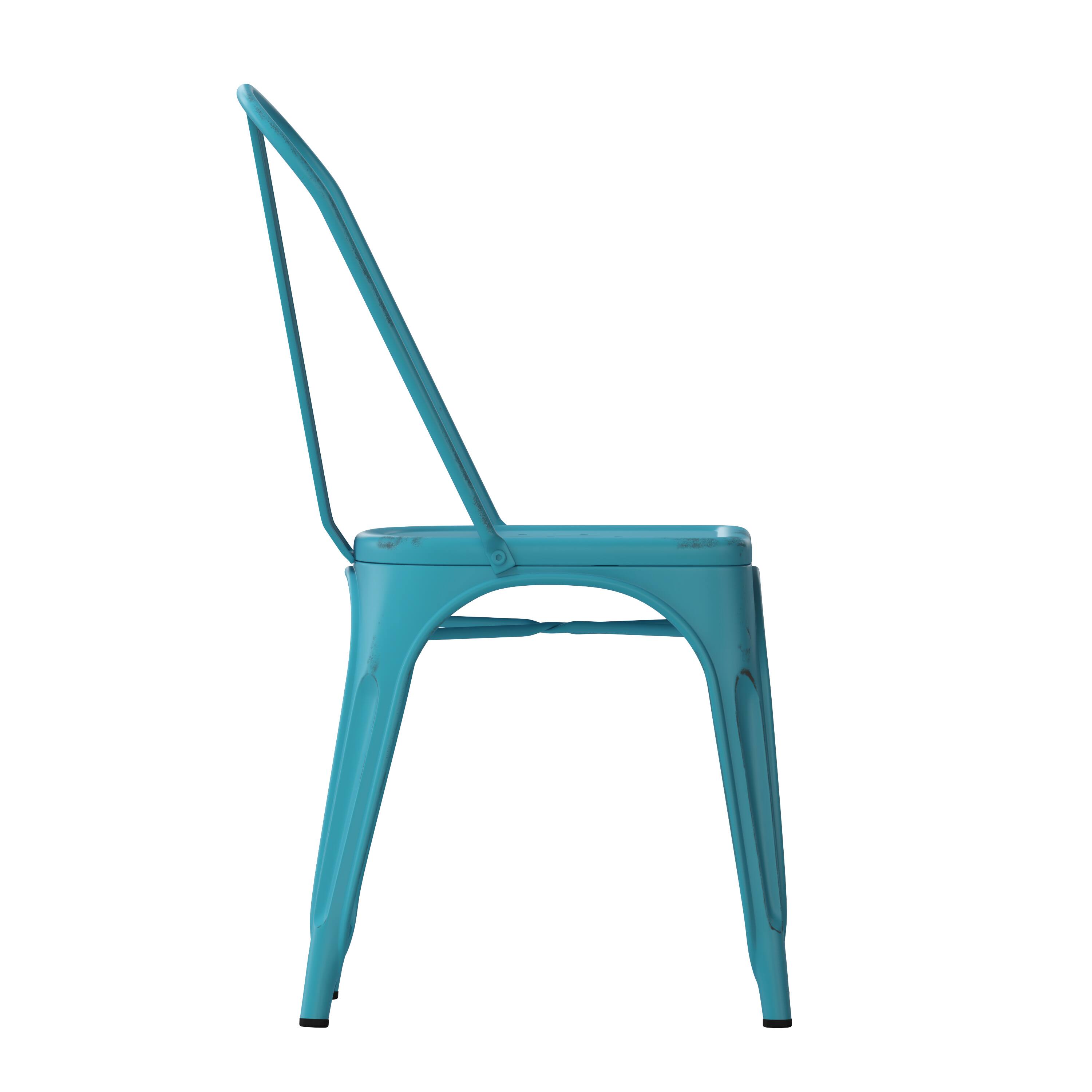 Alt View 9. Emma + Oliver - Commercial Grade 4 Pack Distressed Metal Indoor-Outdoor Stackable Chair - Blue.