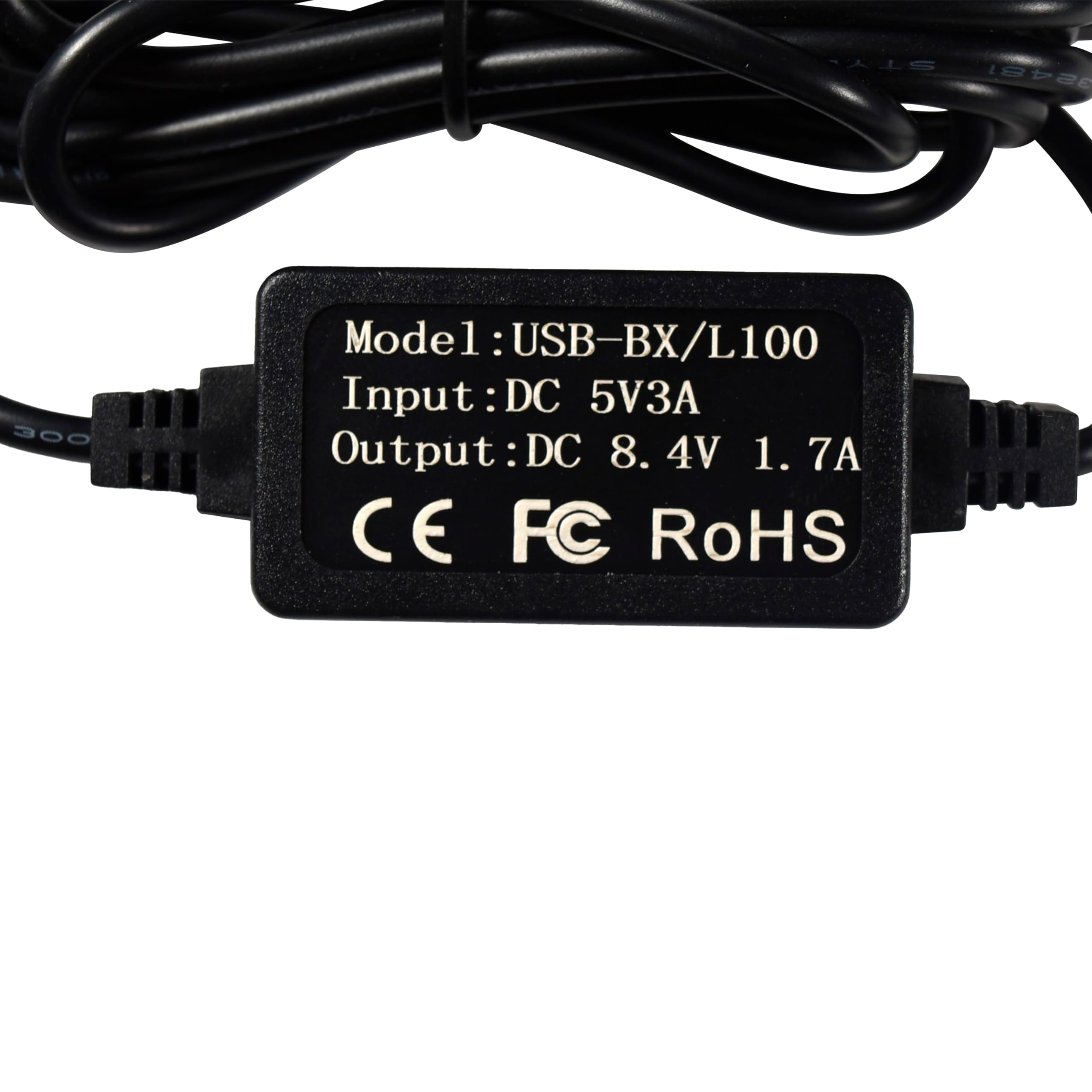 STY. 32481 300  
Model: USB-BX/L100  
Input: DC 5V3A  
Output: DC 8.4V 1.7A  
CE FC RoHS