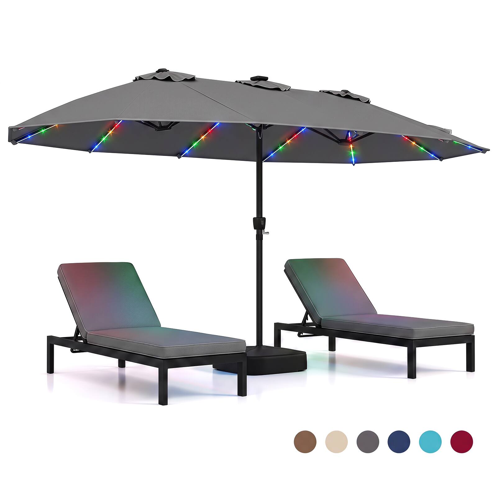 Gymax - 15.5 FT Extra-Large Patio Umbrella w/Base Included 12 Ribs 12 Light Modes - Gray