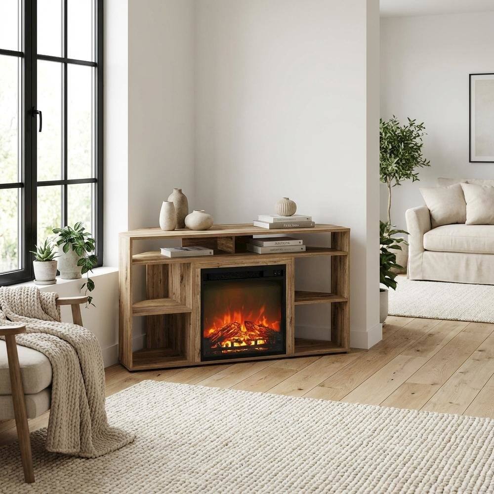 Alt View 2. FurniFact - Brown Corner TV Stand with Fireplace for 55-Inch Screens in Rustic Wood Finish - Brown.