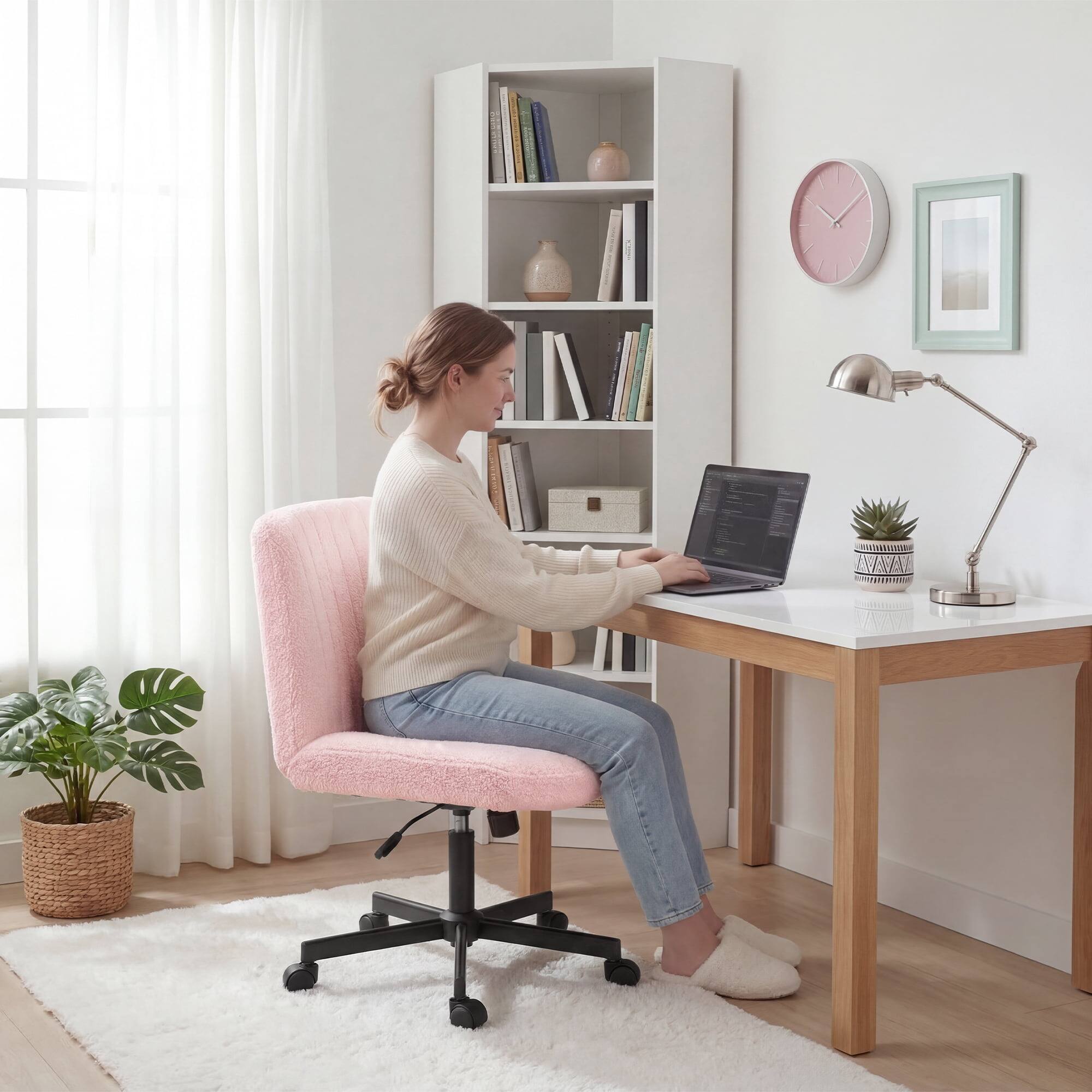 Alt View 6. Neo Chair - Criss Cross Chair Teddy Fabric with Wheels Home Office Cross Legged Armless Chairs Ergonomic Computer Desk Task Seat - Teddy Fabric-Pink.