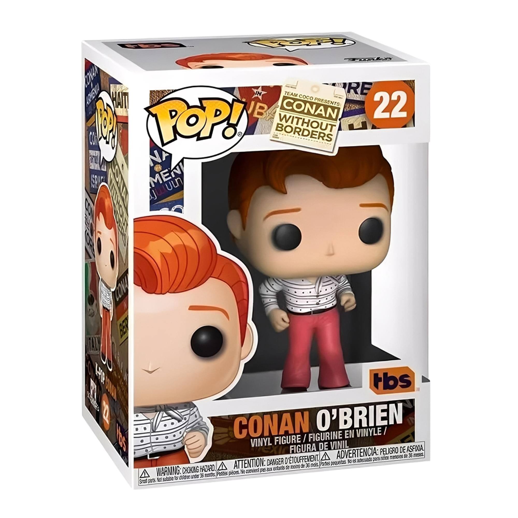 Sure, here is the corrected and grouped text from the image:

---

**Front:**
- POP!
- TEAM COCO PRESENTS
- CONAN WITHOUT BORDERS
- 22
- CONAN O'BRIEN
- VINYL FIGURE / FIGURINE EN VINYLE / FIGURA DE VINIL / FIGURA DE VINIL
- tbs

**Side:**
- TEAM COCO PRESENTS
- CONAN WITHOUT BORDERS

**Bottom:**
- WARNING: CHOKING HAZARD - Small parts. Not for children under 3 years.
- ATTENTION: DANGER - Petites pièces. Ne convient pas aux enfants de moins de 3 ans.
- ADVERTENCIA: PEQUEÑOS PIEZAS. NO ES APTO PARA MENORES DE 3 AÑOS.
- CAUTION: SMALL PARTS. CHOKING HAZARD - Not for children under 3 years.

**Additional Text:**
- HAIR
- MEN
- POP!
- CONAN
- 16
- 16s

---