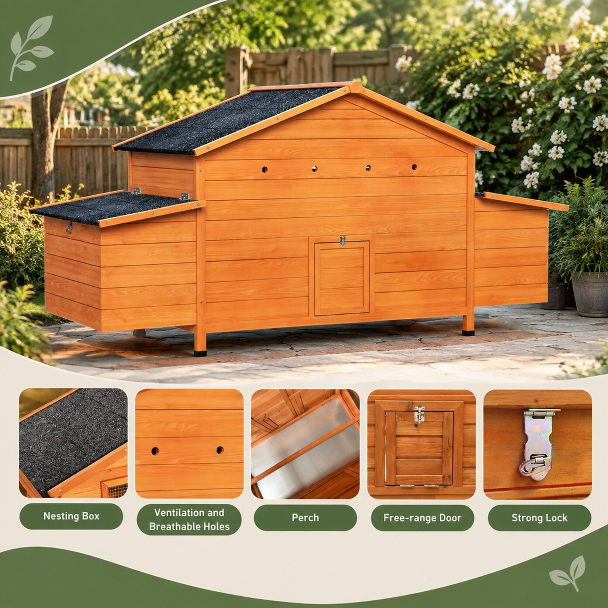 Nesting Box  
Ventilation and Breathable Holes  
Perch  
Free-range Door  
Strong Lock