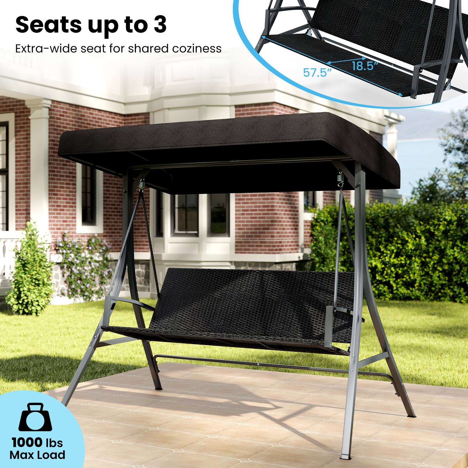 Alt View 5. Gymax - Gymax 3-Person Porch Swing w/ Stand w/ Rattan Seat Back Metal Frame Adjustable Shade - Black.