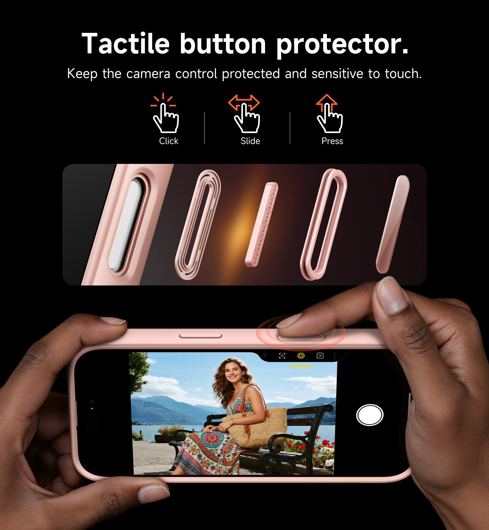 Tactile button protector.  
Keep the camera control protected and sensitive to touch.  
Click Slide Press CAMERAS