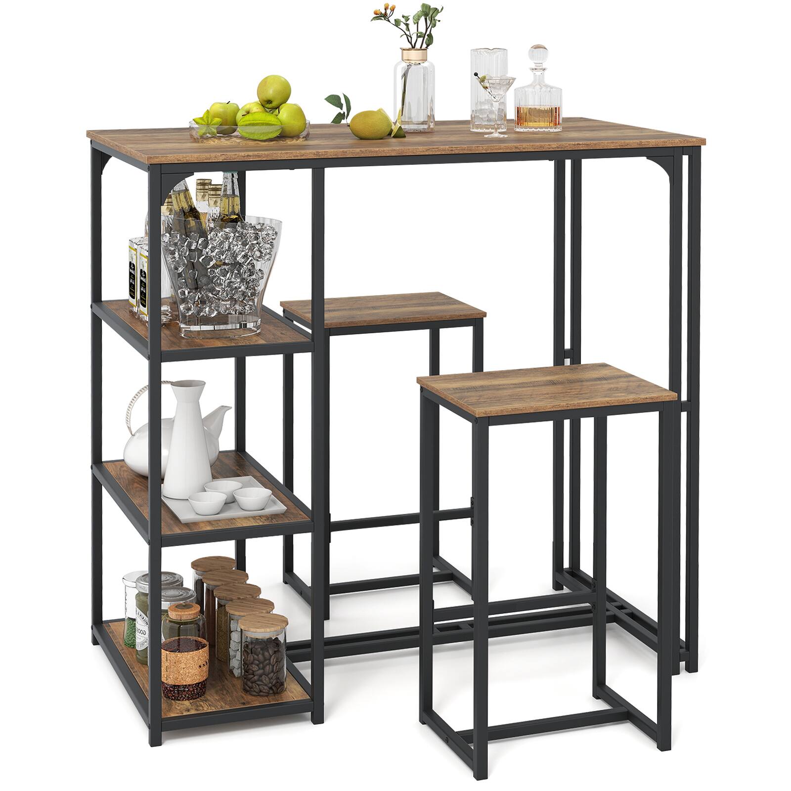 Gymax - 3-Piece Bar Table Set 2 Person Dining Furniture Set w/2 Stools 3 Storage Shelves - Brown
