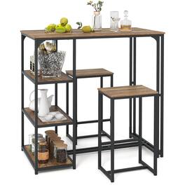 Gymax - 3-Piece Bar Table Set 2 Person Dining Furniture Set w/2 Stools 3 Storage Shelves - Brown