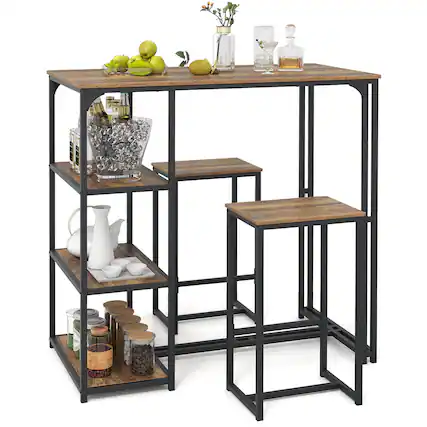 Front. Gymax - Gymax 3-Piece Bar Table Set 2 Person Dining Furniture Set w/2 Stools 3 Storage Shelves - Brown.