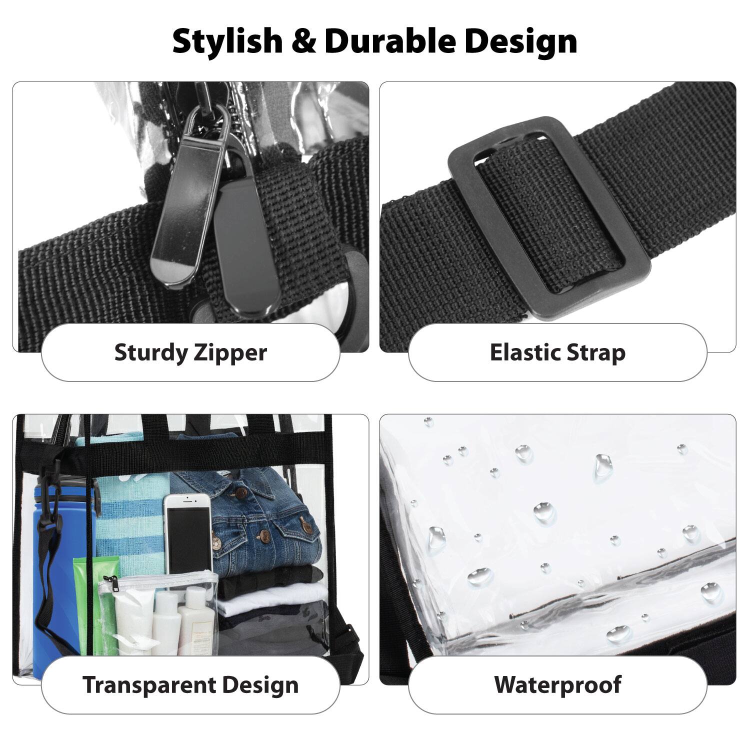 Stylish & Durable Design

- Sturdy Zipper
- Elastic Strap
- Transparent Design
- Waterproof