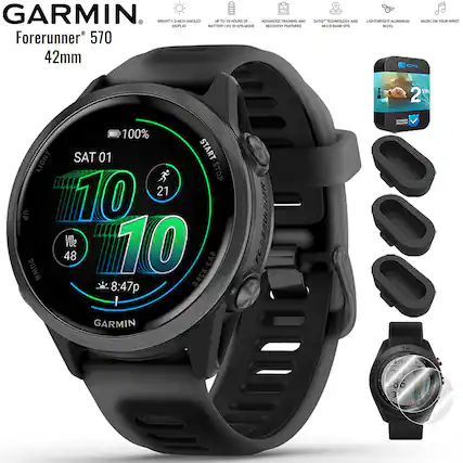 GARMIN
Forerunner 570
42mm
- BRIGHT 1.2-INCH AMOLED DISPLAY
- UP TO 18 HOURS OF BATTERY LIFE IN GPS MODE
- ADVANCED TRAINING AND RECOVERY FEATURES
- SATELLITE TECHNOLOGY AND MULTI-BAND GPS
- LIGHTWEIGHT ALUMINUM BEZEL
- MUSIC ON YOUR WRIST
100%
SAT 01
10:21
V02 48
8:47p
BACK LAP
GARMIN
2 YR WARRANTY