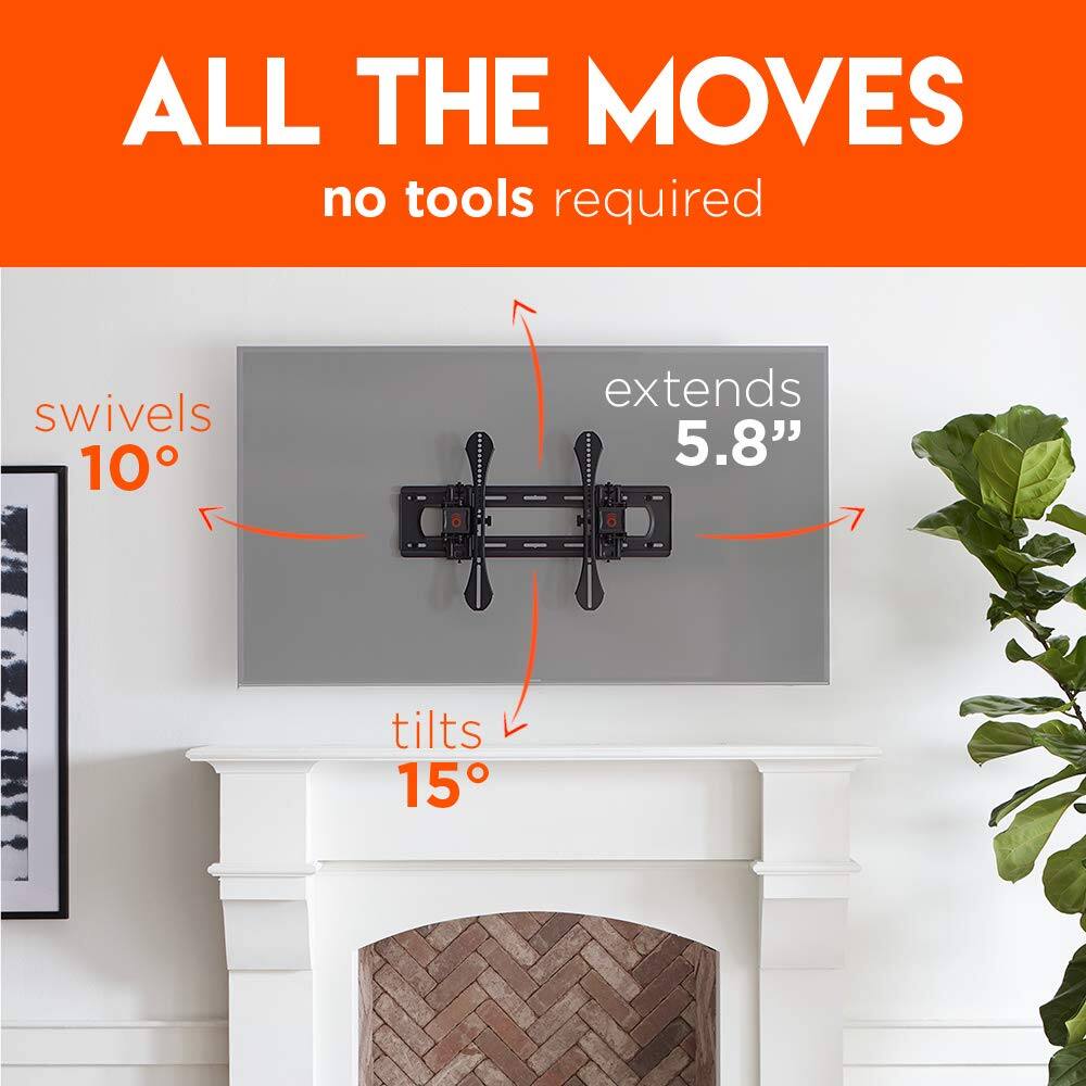 ALL THE MOVES no tools required swivels 10° extends 5.8" tilts 15°