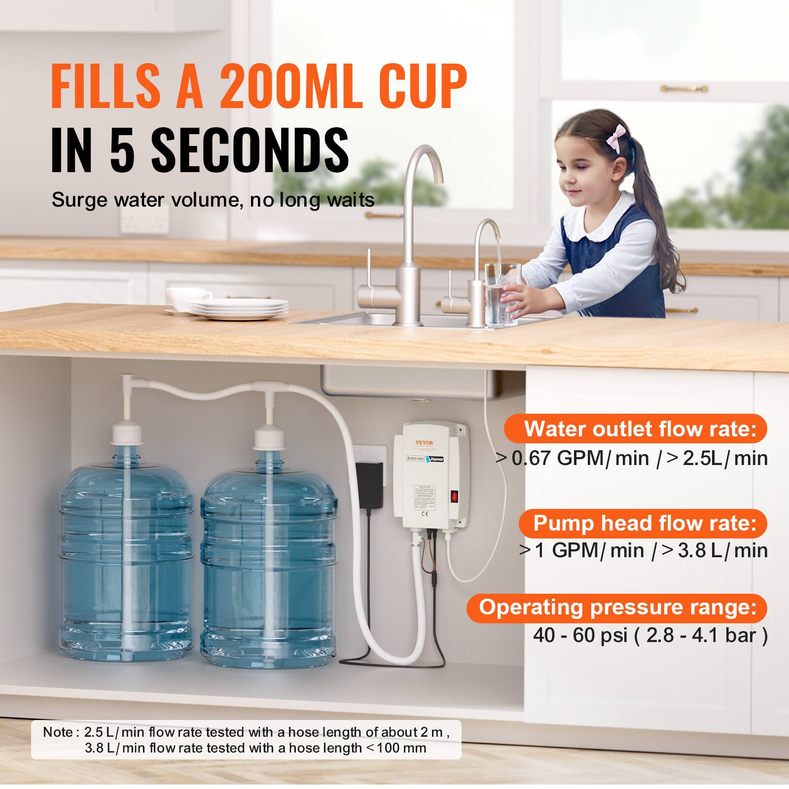 FILLS A 200ML CUP IN 5 SECONDS  
Surge water volume, no long waits

Water outlet flow rate:  
> 0.67 GPM/ min / > 2.5L/ min

Pump head flow rate:  
> 1 GPM/ min / > 3.8 L/ min

Operating pressure range:  
40 - 60 psi (2.8 - 4.1 bar)

Note: 2.5 L/ min flow rate tested with a hose length of about 2 m,  
3.8 L/ min flow rate tested with a hose length < 100 mm