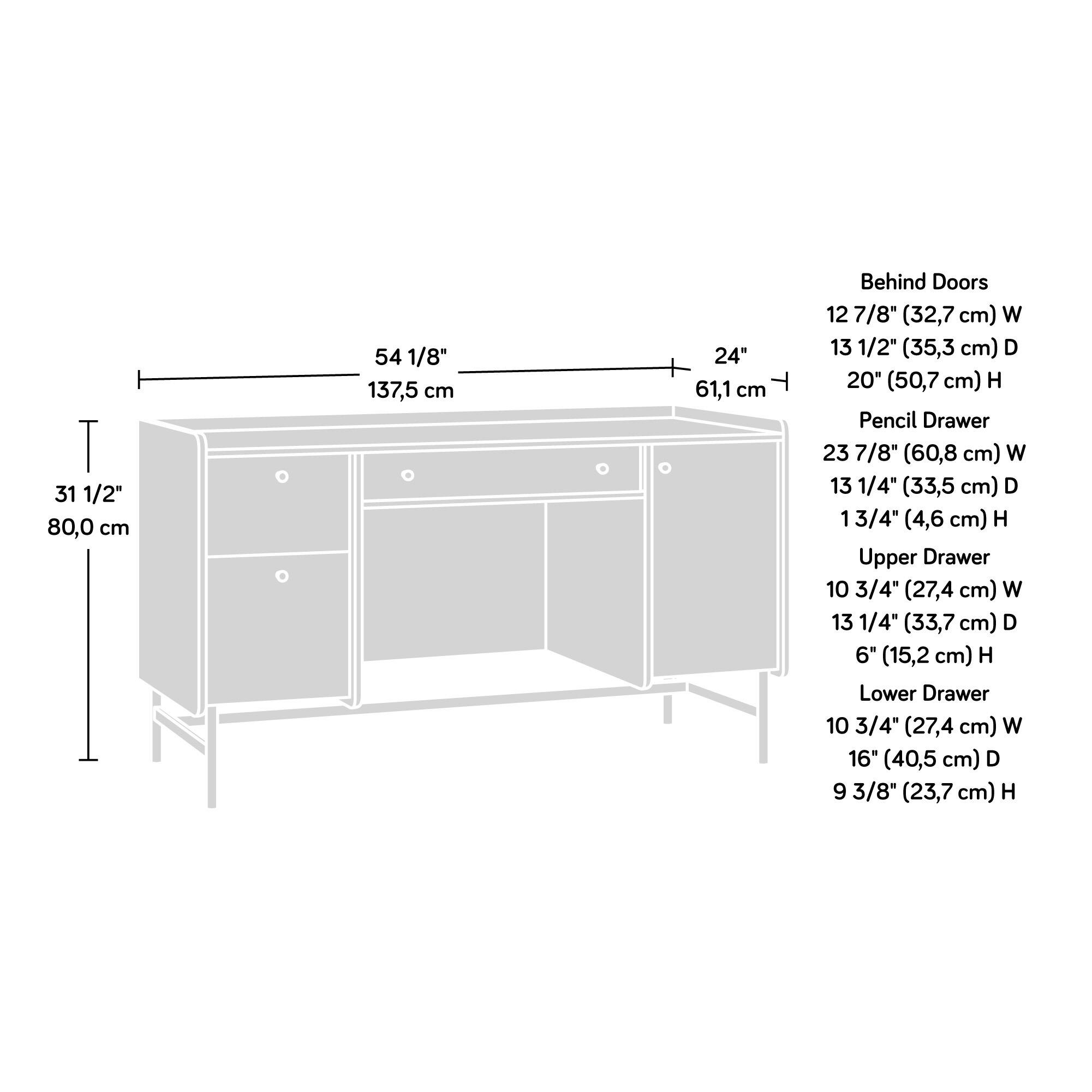 31 1/2" (80.0 cm)  
54 1/8" (137.5 cm)  
24" (61.1 cm)  

Behind Doors  
12 7/8" (32.7 cm) W  
13 1/2" (35.3 cm) D  
20" (50.7 cm) H  

Pencil Drawer  
23 7/8" (60.8 cm) W  
13 1/4" (33.5 cm) D  
1 3/4" (4.6 cm) H  

Upper Drawer  
10 3/4" (27.4 cm) W  
13 1/4" (33.7 cm) D  
6" (15.2 cm) H  

Lower Drawer  
10 3/4" (27.4 cm) W  
16" (40.5 cm) D  
9 3/8" (23.7 cm) H