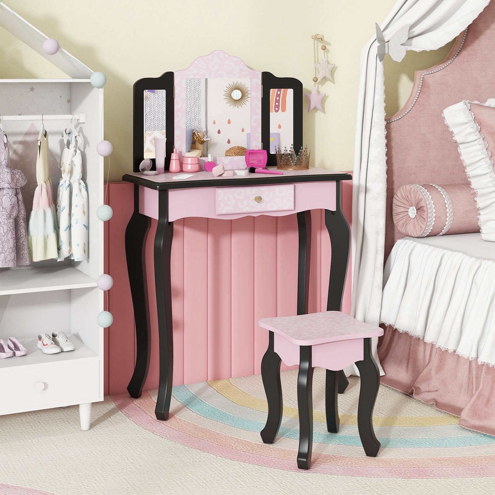 Alt View 1. Costway - Costway Kids Vanity Set Toddler Makeup Table & Stool with Tri-folding Mirror Drawer - Pink,Black.