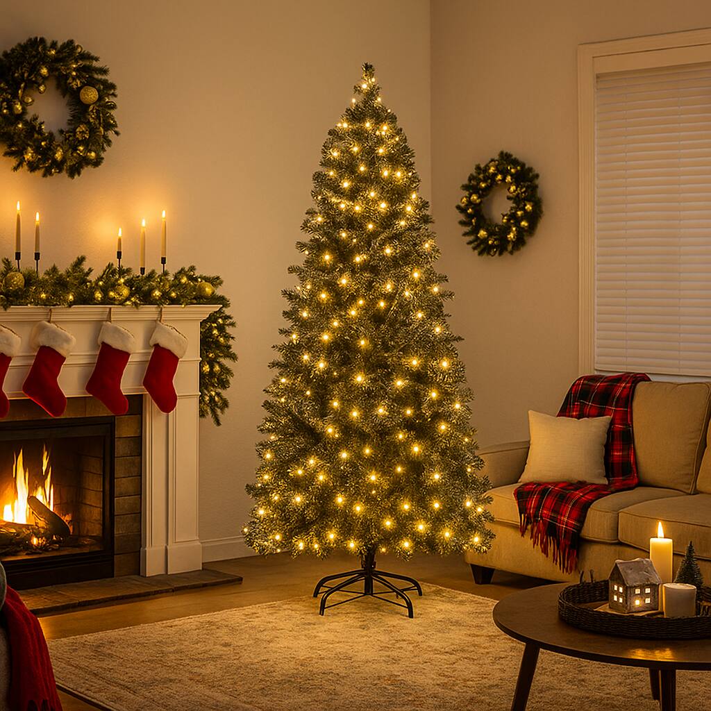 Angle. BreeBe - Pre-Lit Artificial Tree – 6/7ft with Flexible Top and Soft Warm Lighting - Black.