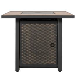 Nuu Garden - 30'' Outdoor Metal Gas Fire Pit Table with Lid and Lava Rocks - black with gold-painted edge, brown