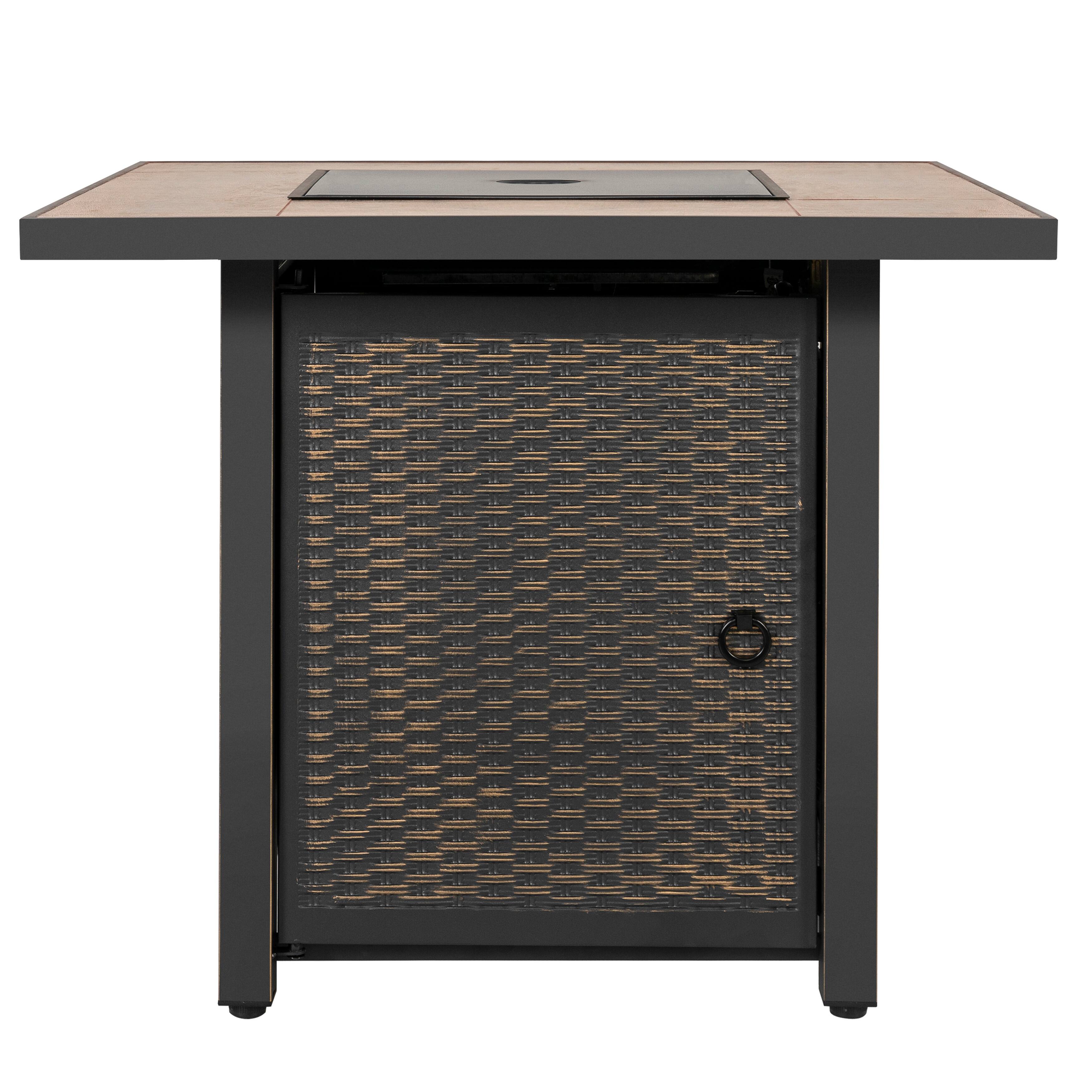 Front. Nuu Garden - 30'' Outdoor Metal Gas Fire Pit Table with Lid and Lava Rocks - black with gold-painted edge, brown.
