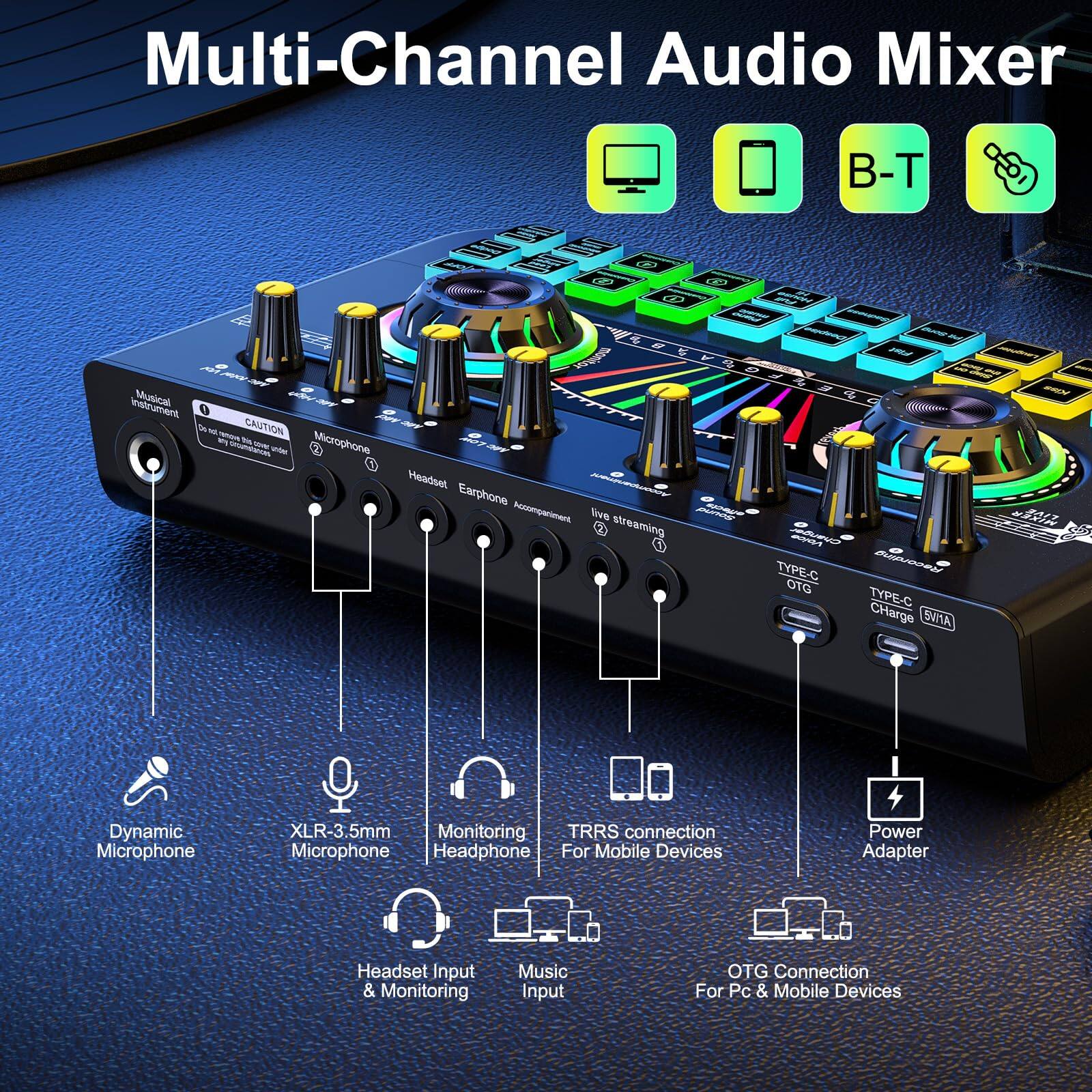 Multi-Channel Audio Mixer

- Dynamic Microphone
- XLR-3.5mm Microphone
- Monitoring Headphone
- Headset Input & Monitoring
- Music Input
- TRRS connection for Mobile Devices
- Power Adapter
- OTG Connection for Pc & Mobile Devices
- TYPE-C OTG
- TYPE-C Charge (5V/1A)
- B-T (Bluetooth)
- Live Streaming
- Musical Instrument
- CAUTION: Do not use by children under 14 years old