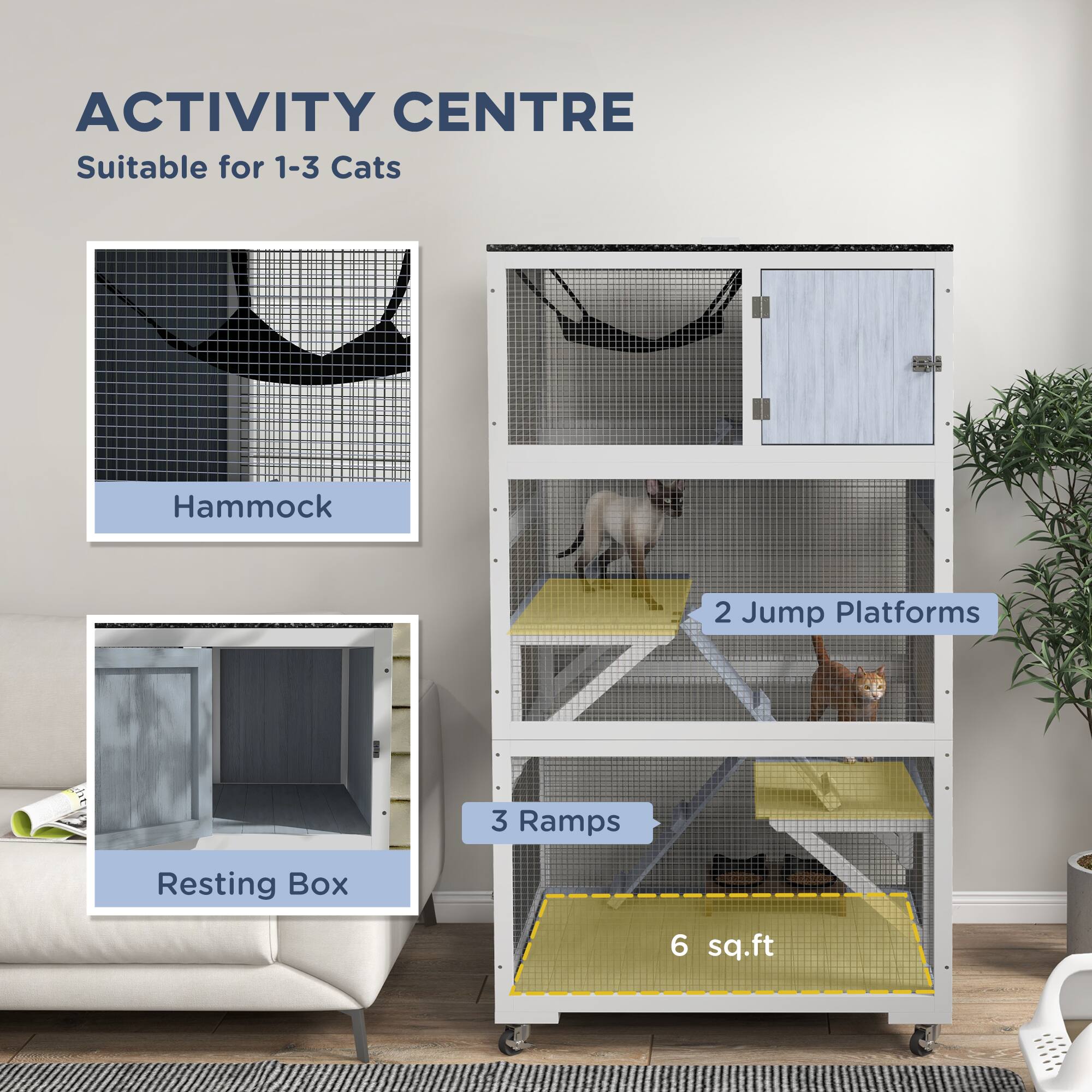 ACTIVITY CENTRE  
Suitable for 1-3 Cats  

- Hammock  
- 2 Jump Platforms  
- 3 Ramps  
- Resting Box  
- 6 sq.ft