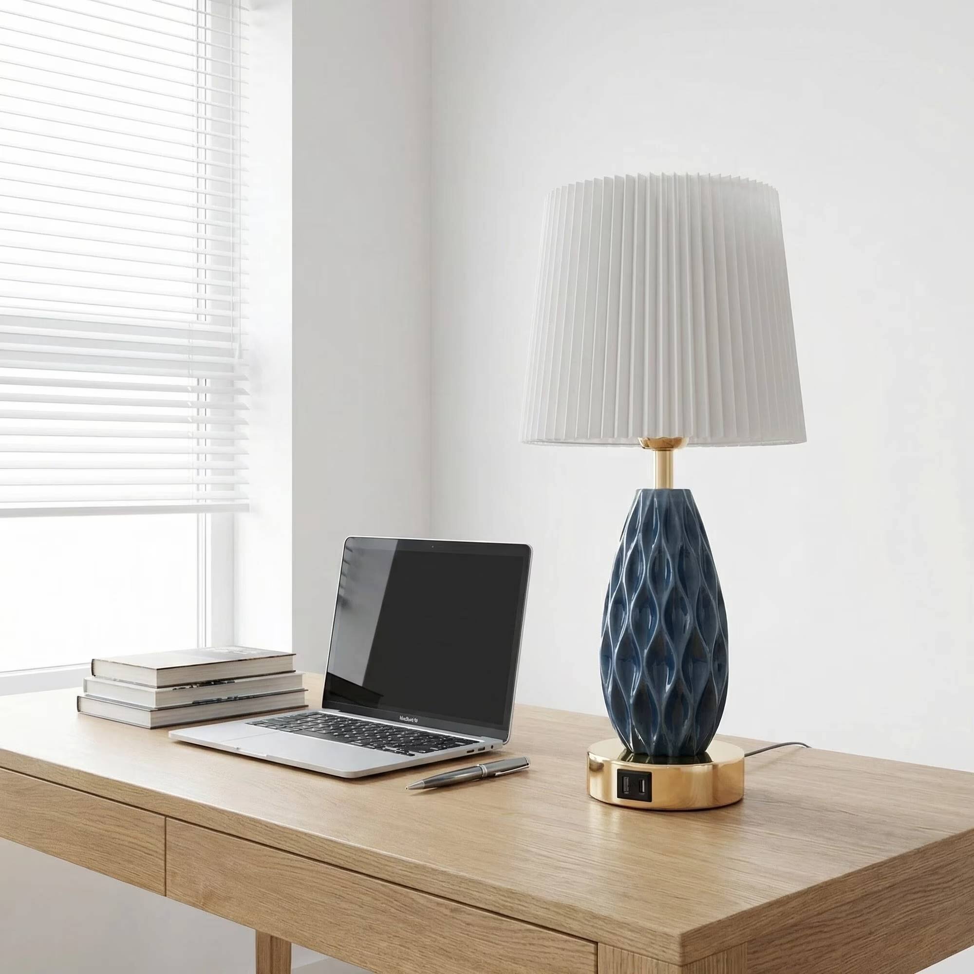 Alt View 1. GVDV - Home 18in Table Lamp with USB A&C Ports, Touch Control 3 Way Dimmable, Wave Texture Resin Bedside Lamp,for Bedroom Blue.