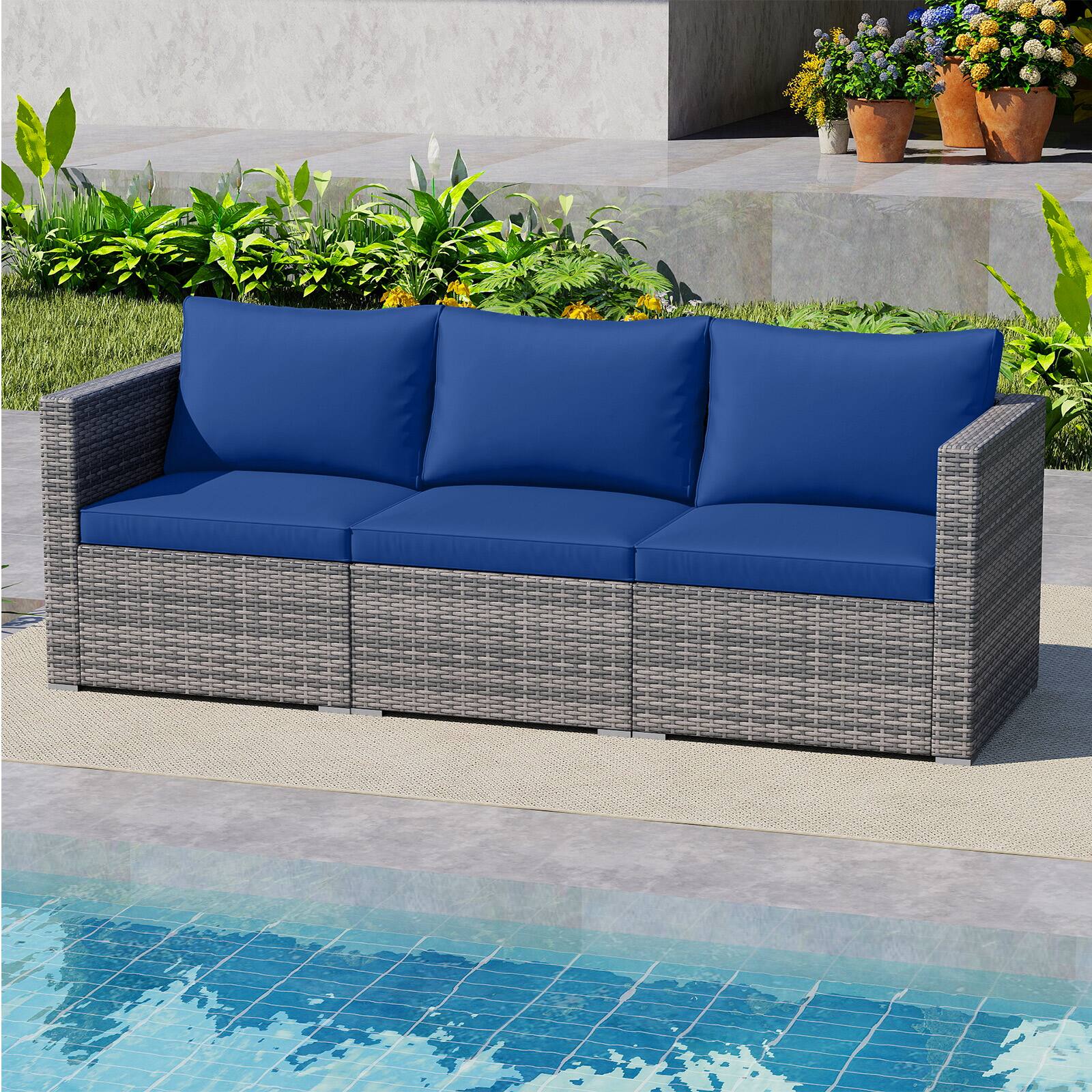 Alt View 1. Gymax - Gymax Set of 3 Patio Sectional Sofa Set PE Rattan Modular Couch Furniture Set w/Cushions Navy - Blue.