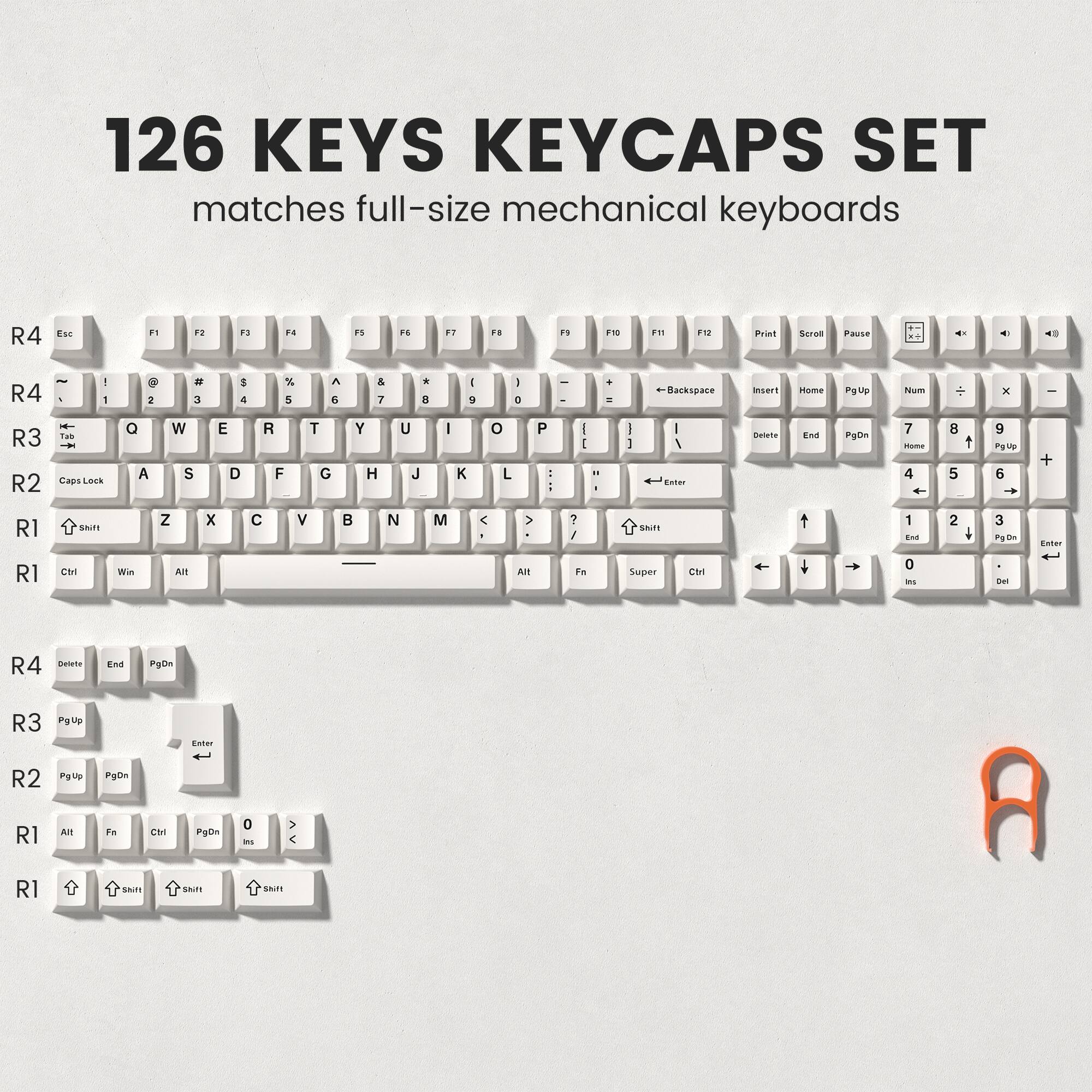 126 KEYS KEYCAPS SET matches full-size mechanical keyboards

R4: Esc, F1, F2, F3, F4, F5, F6, F7, F8, F9, F10, F11, F12, Print, Scroll, Pause, Home, End, PgUp, PgDn, Num, Insert, Delete, Backspace

R4: ~, 1, 2, 3, 4, 5, 6, 7, 8, 9, 0, -, =, \, |, +, *, /, (, ), {, }, [, ], ;, :, '

R3: Tab, Q, W, E, R, T, Y, U, I, O, P, CapsLock, A, S, D, F, G, H, J, K, L, \, Shift

R2: Shift, Z, X, C, V, B, N, M, <, >, ,, ., Shift

R1: Ctrl, Win, Alt, Spacebar, Alt, Fn, Super, Ctrl, 0, Ins, Del

R4: Delete, End,