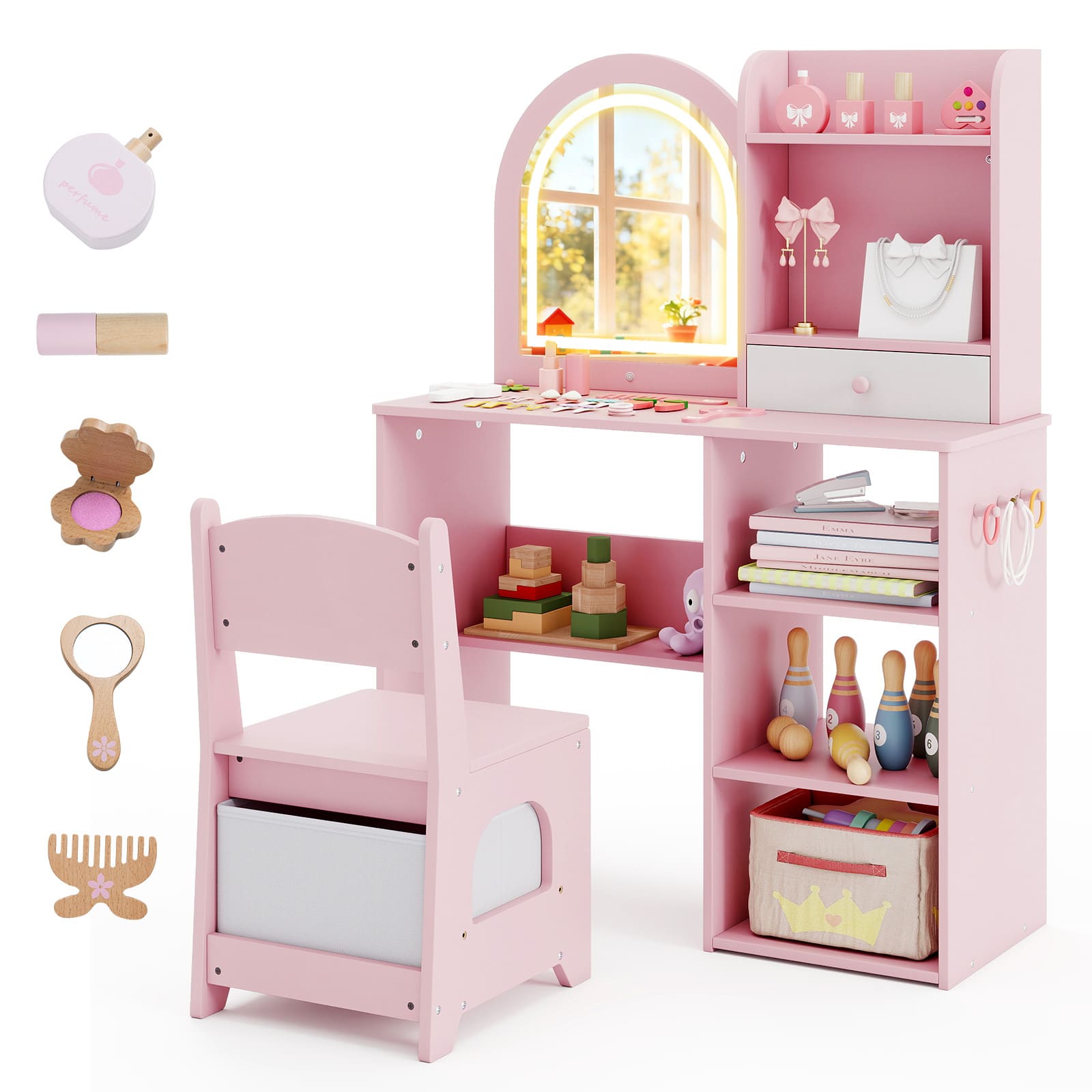 Gymax - Kids Vanity Set Princess Girls Makeup Vanity Desk w/ 3-Color LED Lighted Mirror - Pink price history on PriceWatchPro