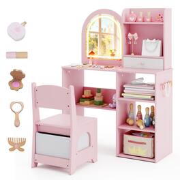 Gymax - Kids Vanity Set Princess Girls Makeup Vanity Desk w/ 3-Color LED Lighted Mirror - Pink