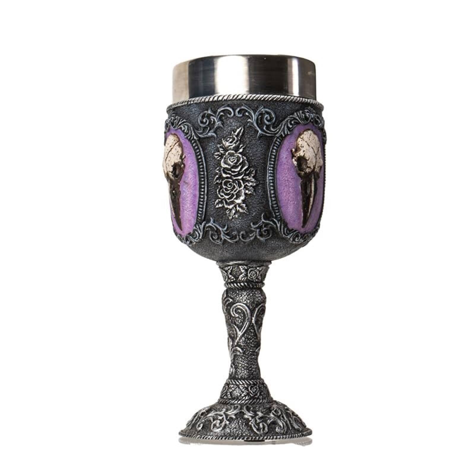 Alt View 1. Pacific Trading - Raven Skull Wine Goblet Chalice Cup Resin Body Stainless Steel Cup 8 ounce - Multicolor.