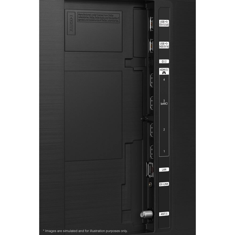 Manufactured under license from Dolby Laboratories. Dolby Audio and Dolby Atmos are trademarks of Dolby Laboratories.

USB (5V 0.5A)
USB (HDMI 5V 1A)
HDMI 4 (eARC)
LAN
EX-LINK
ANT

* Images are simulated and for illustration purposes only.