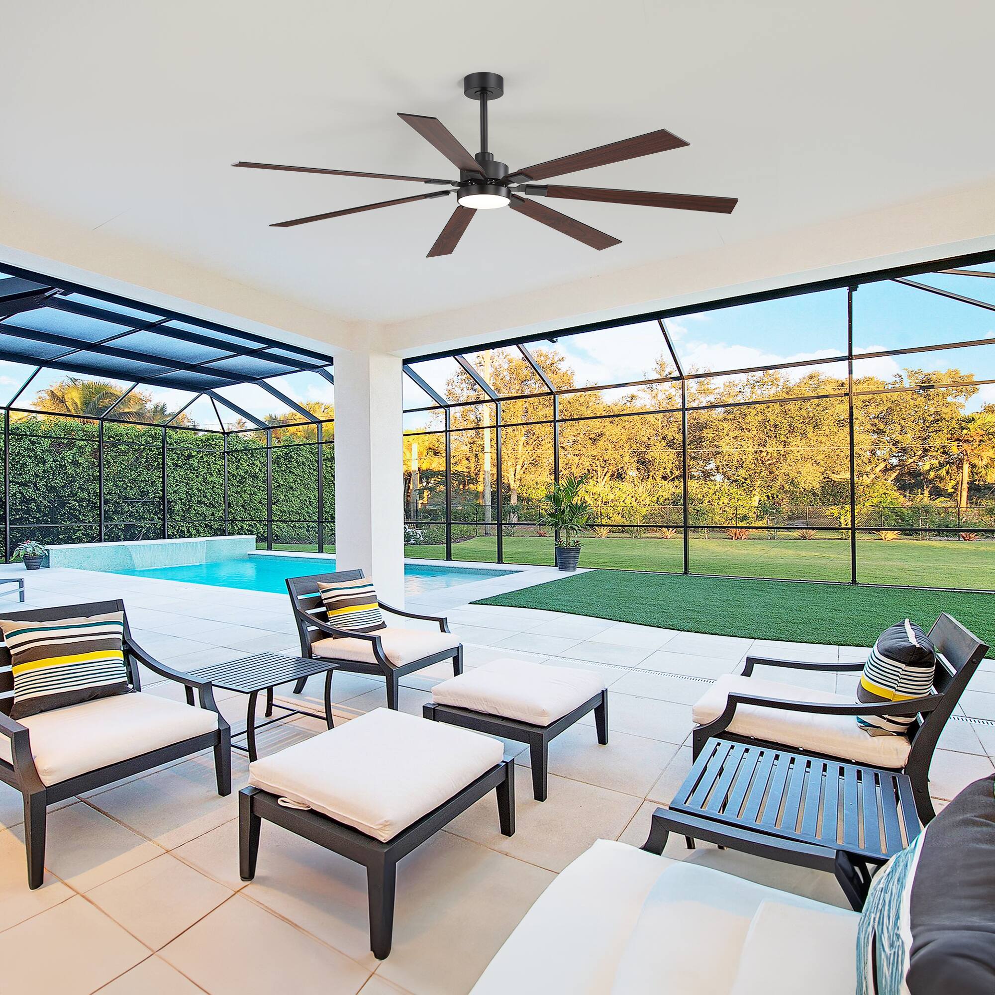 Left. Breezary - 72-Inch Modern Large Ceiling Fan with LED Light and Remote, 3 Downrods, 7 Reversible Blades, Timer, DC Motor 6 Speeds - black.