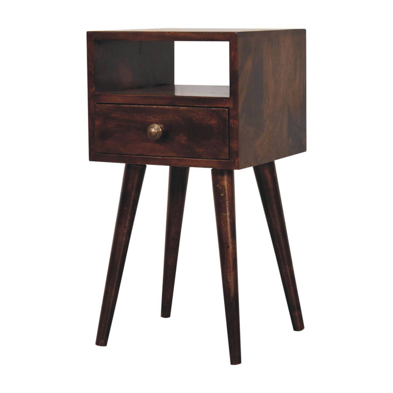 Left. Artisan Furniture - Artisan Furniture Solid Wood Mini California Walnut Bedside, 1 drawer, 1 Open Slot, Dark Brown - Chestnut.