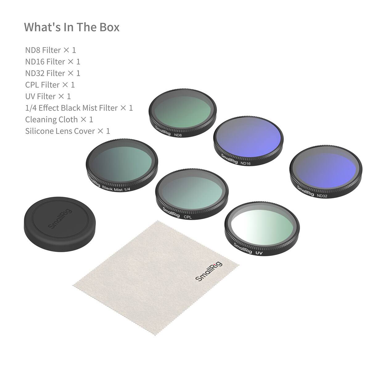 What's In The Box

ND8 Filter X 1  
ND16 Filter X 1  
ND32 Filter X 1  
CPL Filter X 1  
UV Filter X 1  
1/4 Effect Black Mist Filter X 1  
Cleaning Cloth X 1  
Silicone Lens Cover X 1