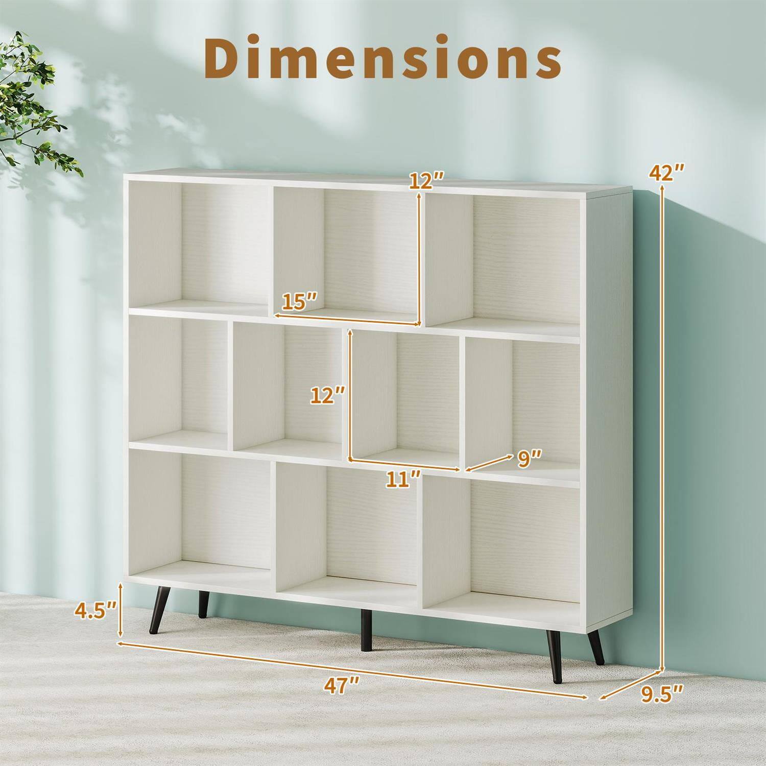 Dimensions: 42" x 47" x 15"  
Shelf Sizes: 12" x 9" x 11"  
Overall Height: 42"  
Depth: 12"  
Width: 47"  
Height of Bottom Shelf: 9.5"  
Height of Top Shelf: 4.5"