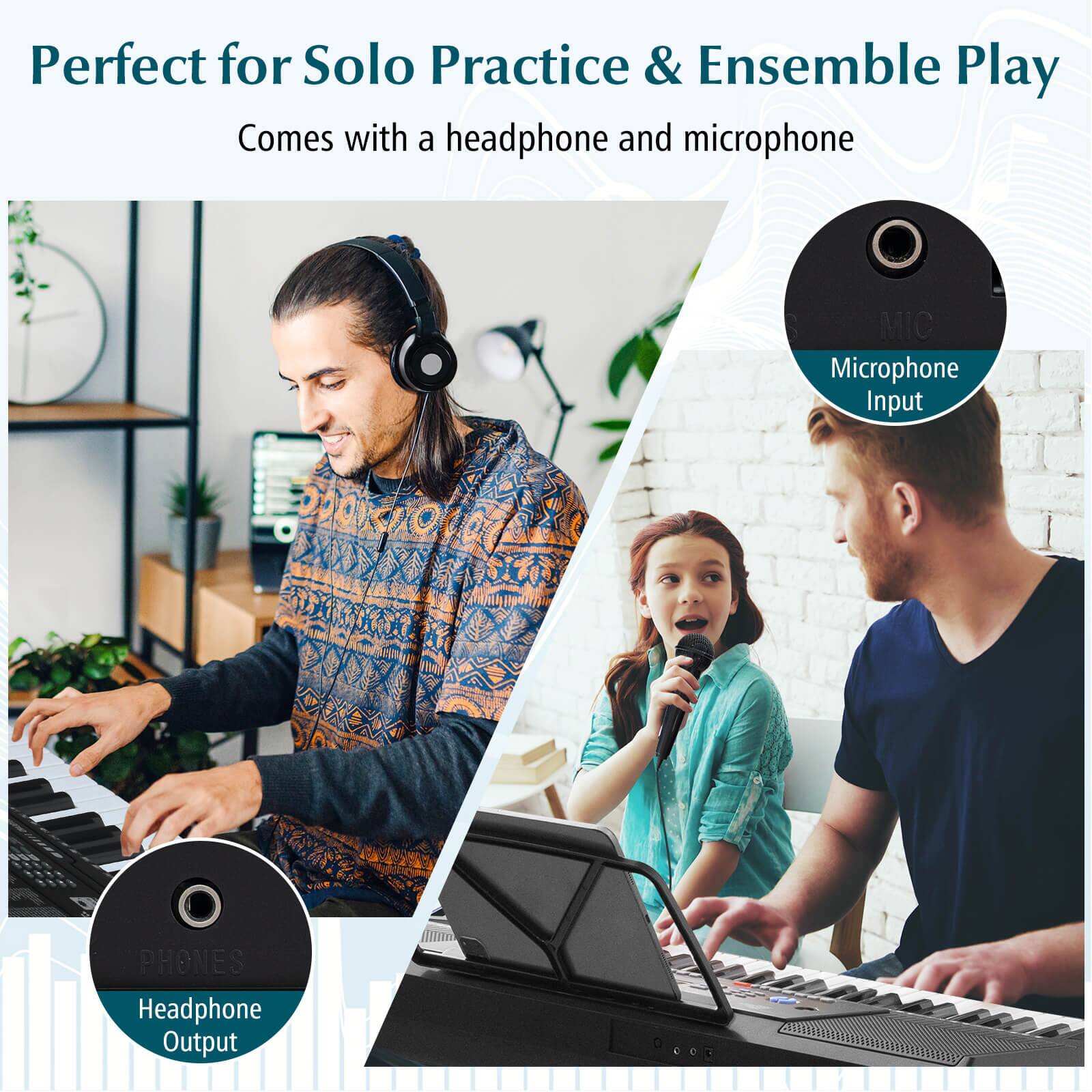 Perfect for Solo Practice & Ensemble Play  
Comes with a headphone and microphone  

MIC  
Microphone Input  

PHONES  
Headphone Output