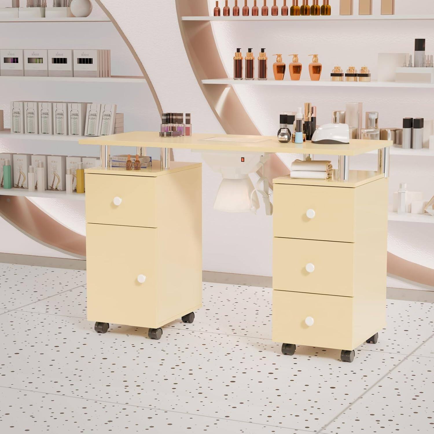 Angle. Winado - Manicure Table Nail Desk Nail Table Station with Electric Dust Collector,Lockable Wheels,Wrist Cushion,Drawers,Cabinet - Almond Cream.