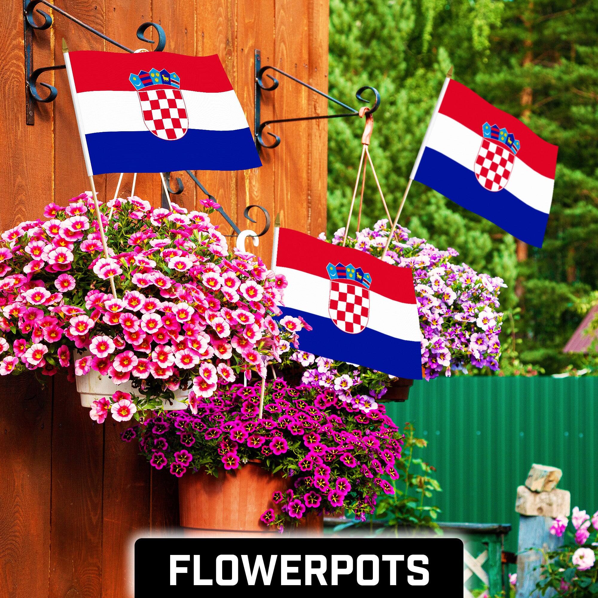 Angle. G128 - 30-Pack Handheld Croatia Stick Flags, 12 x 18 in, 150D Polyester with Wooden Pole and Gold Spear Tip. - Assorted Colors.