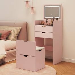 Loheer - Makeup Vanity with Stool, Flip Up Mirror and Three Color Lights - Pink