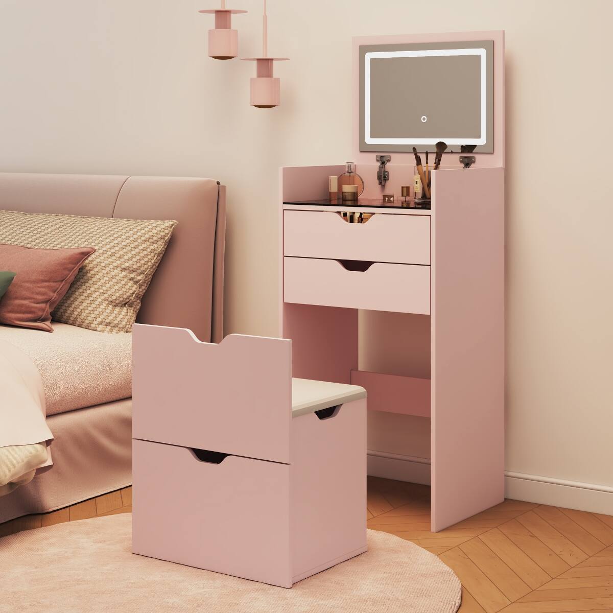 Front. Loheer - Loheer Pink Makeup Vanity with Stool, Flip Up Mirror and Three Color Lights - Pink.
