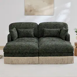 Anysun - Chenille Leopard Loveseat w/ Tassel Edge, 2 Movable Ottomans, Modern, Ergonomic, Easy Assembly, Deep Seat - Black