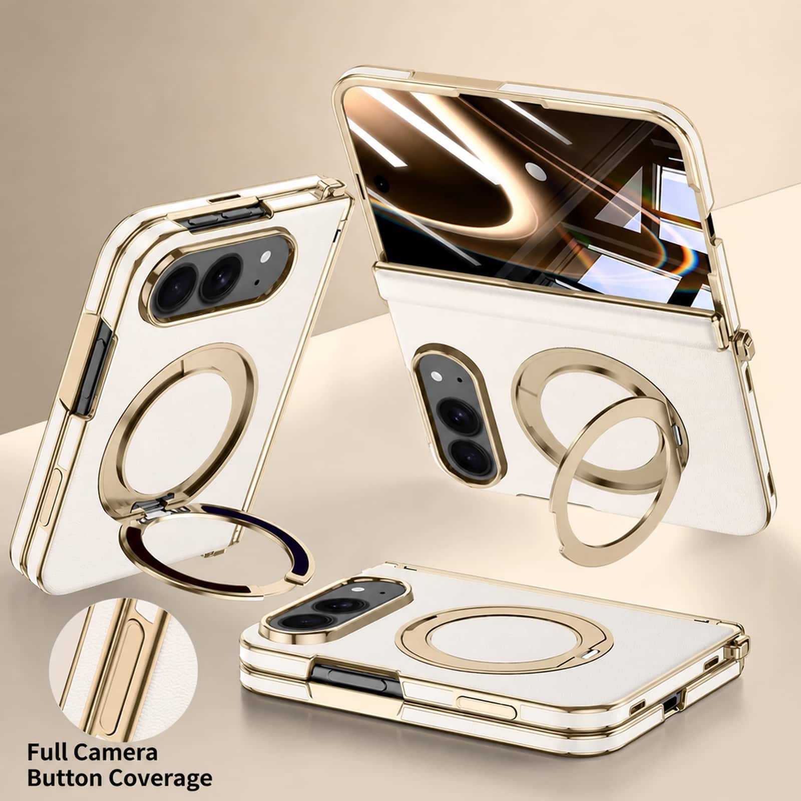 Dteck - Magnetic Case for iPhone Duo Built-in Screen Protector, Ring Kickstand Luxury Leather Plating Edge Cover With Hinge - White