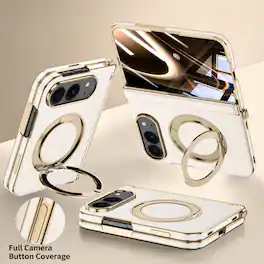 Dteck - Magnetic Case for iPhone Duo Built-in Screen Protector, Ring Kickstand Luxury Leather Plating Edge Cover With Hinge - White