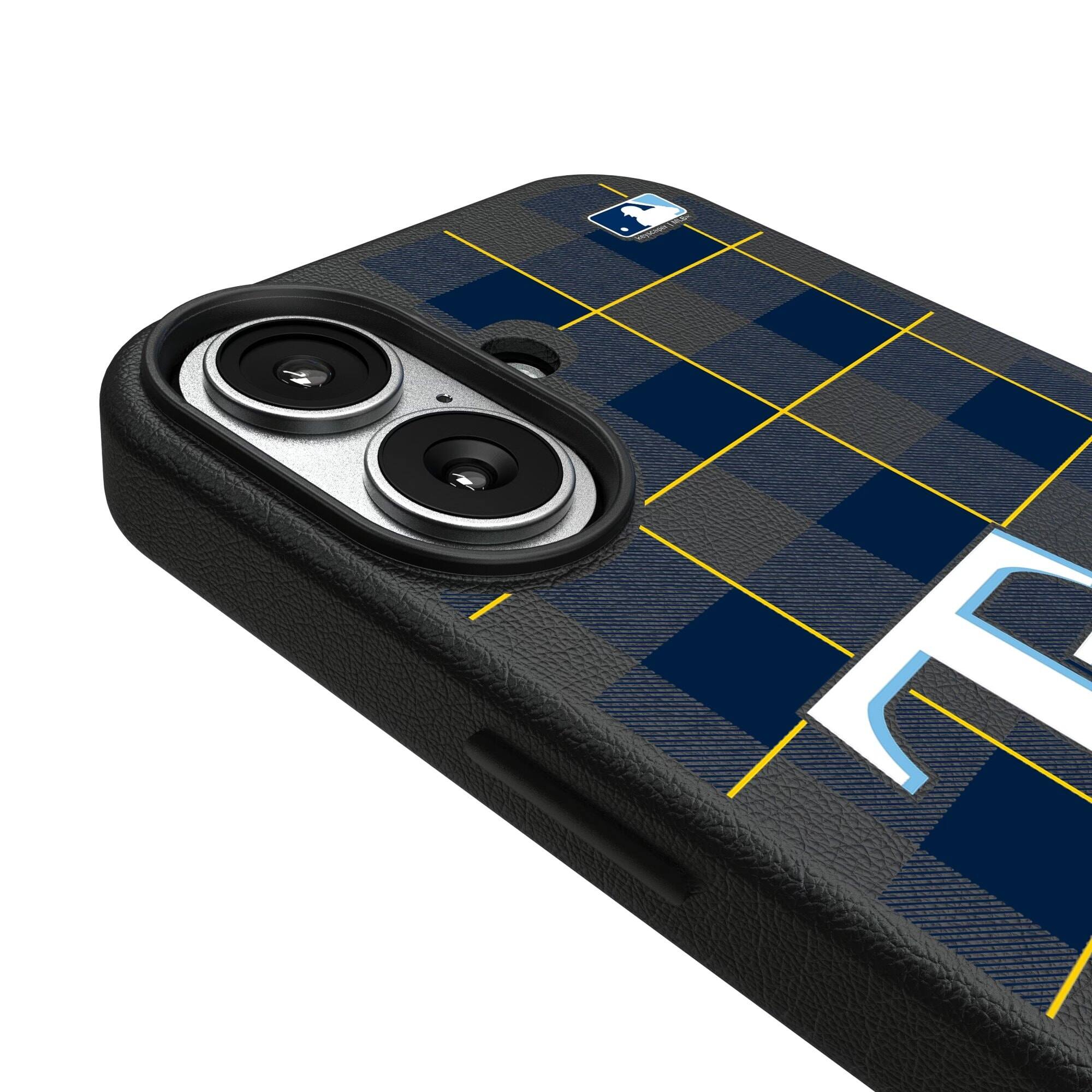 Alt View 2. Keyscaper - Tampa Bay Rays Plaid Magnetic Bump iPhone Case - 14 Pro - Black.