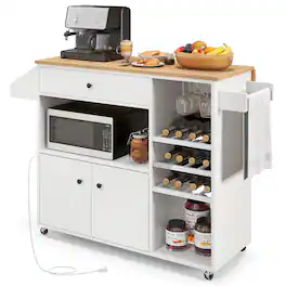Gymax - Kitchen Island Cart w/ Drop-Leaf & Power Outlet Microwave Shelf Wine Rack Drawer - White