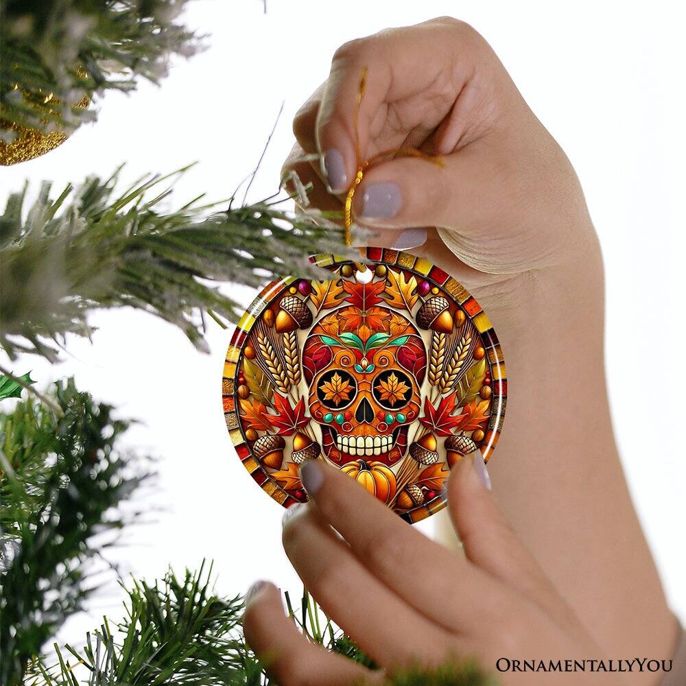 Alt View 1. OrnamentallyYou - Autumn Harvest Sugar Skull Ornament Vibrant Fall Foliage Christmas Gift and Decor - Multi-colored.