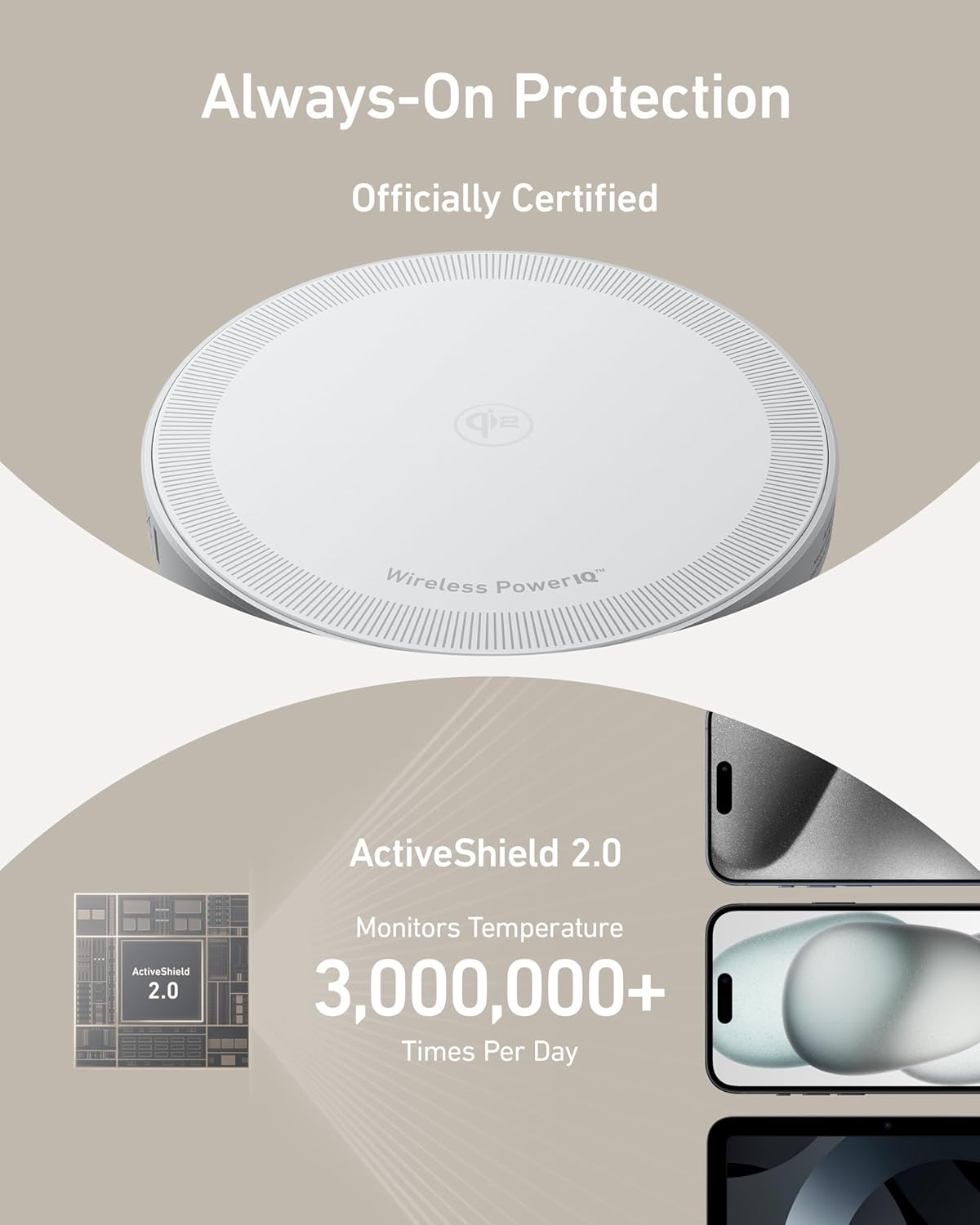 Always-On Protection  
Officially Certified  

Wireless PowerIQ™  

ActiveShield 2.0  
Monitors Temperature  
3,000,000+ Times Per Day