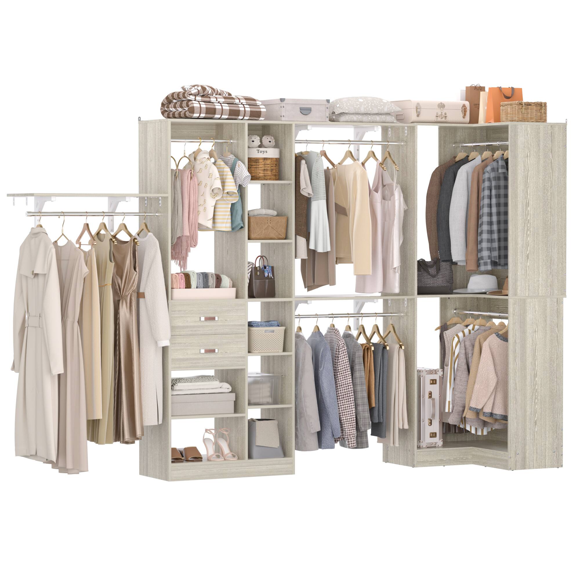 Angle. Aheaplus - 127.5'' Corner Closet Organizer System Set of 2 with Drawers, Hanging Rod and Adjustable Shelves, Reversible - Beige Oak.