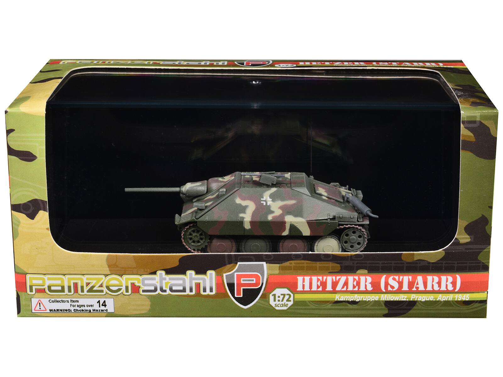 HEZEI --- EE.  
3300 Panzerstahl P HETZER (STARR) 1:72 Kampfgruppe Milowitz. Prague. April 1945  
Collectors Item! For ages over 14  
scale  
WARNING: Choking Hazard