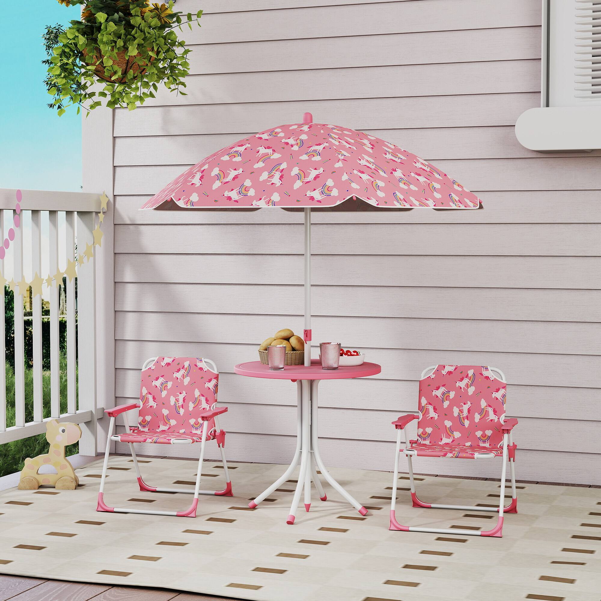 Alt View 1. Qaba - Kids Picnic Table, Kids Table and Chair Set with 2 Folding Chairs and Umbrella for Backyard, Garden - Pink.