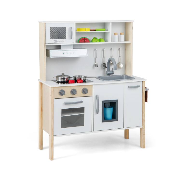 Front. SlickBlue - Toddlers Wooden Kitchen Playset for Pretend Cooking and Creative Play - White.
